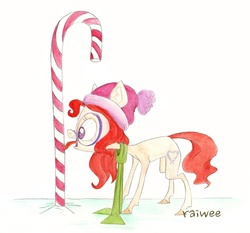 Size: 1969x1837 | Tagged: safe, artist:raiwee, twist, g4, candy, candy cane, clothes, female, food, hat, scarf, solo, tongue stuck to pole, traditional art