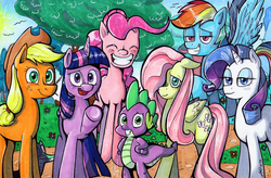 Size: 1024x673 | Tagged: safe, artist:fishstickmystic, applejack, fluttershy, pinkie pie, rainbow dash, rarity, spike, twilight sparkle, alicorn, pony, g4, mane seven, mane six, twilight sparkle (alicorn)