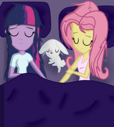 Size: 820x916 | Tagged: safe, artist:noahther, angel bunny, fluttershy, sci-twi, twilight sparkle, equestria girls, g4, bed, clothes, female, lesbian, ship:sci-twishy, ship:twishy, shipping, sleeping, tank top, twilight sparkle (alicorn)