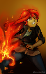 Size: 567x900 | Tagged: safe, artist:xenstroke, sunset shimmer, equestria girls, g4, female, fiery shimmer, fire, magic, patreon, pyromancy, solo