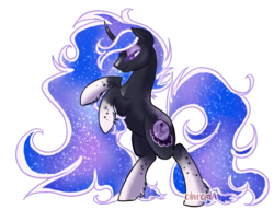 Size: 1414x1143 | Tagged: safe, artist:cihiiro, oc, oc only, curved horn, horn, lidded eyes, rearing, simple background, solo, transparent background