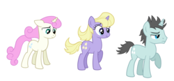 Size: 3096x1440 | Tagged: safe, artist:thecheeseburger, neon lights, rising star, twinkleshine, pony, unicorn, g4, female, floppy ears, male, mare, raised hoof, simple background, stallion, transparent background, trio