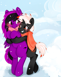 Size: 800x1000 | Tagged: safe, artist:omgproductions, oc, oc only, oc:emby, oc:rachna, clothes, cute, female, hug, lesbian, rule 63, scarf, shipping, standing