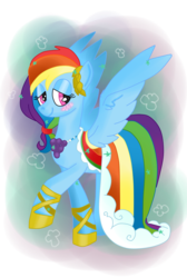 Size: 690x1024 | Tagged: safe, artist:krazykari, rainbow dash, g4, blushing, clothes, dress, female, gala dress, solo