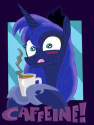 Size: 768x1024 | Tagged: safe, artist:andypriceart, artist:krazykari, princess luna, g4, coffee, female, food, luna found the coffee, solo, this will end in tears, wide eyes