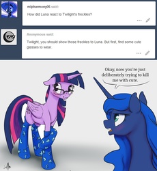 Size: 1280x1393 | Tagged: safe, artist:silfoe, princess luna, twilight sparkle, alicorn, pony, royal sketchbook, g4, adorkable, clothes, cute, dork, female, freckles, glasses, lesbian, mare, meganekko, ship:twiluna, shipping, silfoe is trying to murder us, socks, twiabetes, twilight sparkle (alicorn)