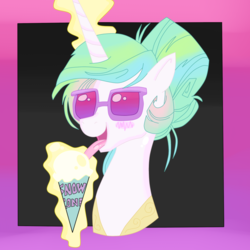 Size: 1024x1024 | Tagged: safe, artist:andypriceart, artist:krazykari, princess celestia, g4, alternate hairstyle, eating, female, magic, snow cone, solo, sunglasses