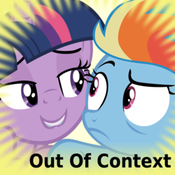 Size: 1024x1024 | Tagged: safe, artist:dtkraus, edit, edited screencap, screencap, rainbow dash, twilight sparkle, alicorn, pegasus, pony, derpibooru, g4, season 5, the cutie re-mark, bedroom eyes, caption, duo, eye contact, female, filly, filly rainbow dash, foal, i am an adult, lesbian, lip bite, mare, meta, official spoiler image, out of context, ship:twidash, shipping, smiling, spoilered image joke, stranger danger, twilest dashle, twilight is a foal fiddler, twilight sparkle (alicorn), younger