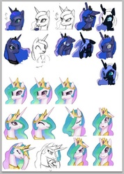 Size: 426x599 | Tagged: safe, artist:pohwaran, nightmare moon, princess celestia, princess luna, alicorn, pony, g4, angry, facehoof, happy, icon, multeity, sad, sketch