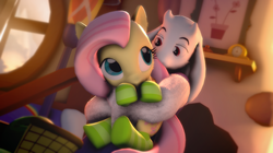 Size: 1920x1079 | Tagged: safe, artist:doge4ce, fluttershy, pegasus, pony, g4, 3d, bed, clothes, crossover, cute, eye contact, female, holding a pony, mare, shyabetes, socks, source filmmaker, striped socks, sunset, toriel, undertale, weapons-grade cute