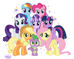 Size: 8652x6925 | Tagged: safe, artist:meganlovesangrybirds, applejack, fluttershy, pinkie pie, rainbow dash, rarity, spike, starlight glimmer, twilight sparkle, alicorn, pony, g4, the cutie re-mark, absurd resolution, c:, female, grin, looking at you, mane seven, mane six, mare, simple background, smiling, sparkles, transparent background, twilight sparkle (alicorn), vector