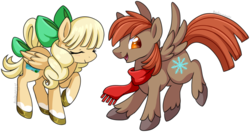 Size: 967x511 | Tagged: safe, artist:ambunny, oc, oc only, oc:kirarasprings, oc:winterlight, pegasus, pony, g4, clothes, couple, cute, female, love, male, mare, scarf, simple background, stallion, straight, transparent background