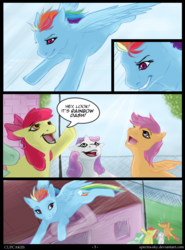 Size: 600x810 | Tagged: safe, artist:spectra-sky, apple bloom, rainbow dash, scootaloo, sweetie belle, comic:cupcakes, fanfic:cupcakes, g4, comic, cutie mark crusaders, dialogue, flying, grimdark source