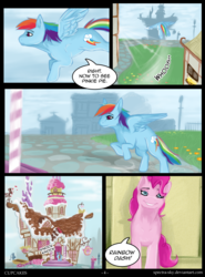 Size: 600x810 | Tagged: safe, artist:spectra-sky, pinkie pie, rainbow dash, comic:cupcakes, fanfic:cupcakes, g4, comic, dialogue, flying, grimdark source, sugarcube corner