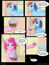 Size: 630x838 | Tagged: safe, artist:spectra-sky, pinkie pie, rainbow dash, comic:cupcakes, fanfic:cupcakes, g4, comic, cupcake, dialogue, food, grimdark source