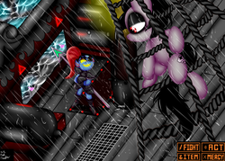 Size: 1280x914 | Tagged: safe, artist:paulpeopless, oc, oc:ashee, oc:paulpeoples, crossover, epic, fight, pirate ship, rain, undertale, undyne
