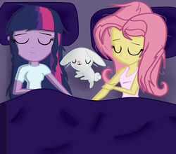 Size: 820x720 | Tagged: safe, artist:noahther, edit, angel bunny, fluttershy, sci-twi, twilight sparkle, equestria girls, g4, bed, clothes, female, lesbian, ship:sci-twishy, ship:twishy, shipping, sleeping, tank top, twilight sparkle (alicorn)