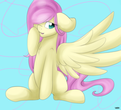 Size: 1130x1024 | Tagged: safe, artist:girorogirl, fluttershy, pegasus, pony, g4, cute, female, floppy ears, flutters, solo, wings