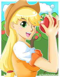 Size: 900x1163 | Tagged: safe, artist:val-hasseth, applejack, human, g4, apple, female, food, humanized, one eye closed, solo, wink