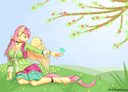 Size: 3500x2500 | Tagged: safe, artist:farcuf, fluttershy, butterfly, anthro, unguligrade anthro, friendship through the ages, g4, april, braid, breasts, cleavage, clothes, collar, female, folk fluttershy, high res, skirt, solo, spring