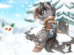 Size: 2000x1500 | Tagged: safe, artist:vavacung, oc, oc only, animal, boots, cloak, clothes, cold, prosthetic limb, snow, snowfall, snowman, solo, the winter soldier, tree, winter