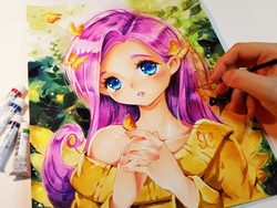 Size: 1200x900 | Tagged: safe, artist:naschi, fluttershy, butterfly, human, g4, blue eyes, clothes, cyan eyes, female, hands together, human female, humanized, light skin, off shoulder, off shoulder sweater, pink hair, solo, sweater, sweatershy, traditional art, watercolor painting, winged humanization