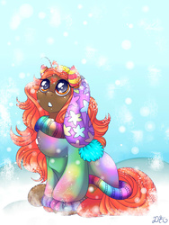 Size: 1050x1400 | Tagged: safe, artist:dragonfoxgirl, oc, oc only, pony, clothes, scarf, snow, snowfall, solo