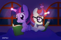 Size: 1000x662 | Tagged: safe, artist:empyu, moondancer, twilight sparkle, alicorn, pony, g4, book, duo, female, glasses, glowing horn, horn, mare, reading, twilight sparkle (alicorn)