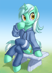 Size: 386x536 | Tagged: safe, artist:brianblackberry, lyra heartstrings, pony, unicorn, semi-anthro, g4, bottomless, clothes, crossed legs, female, hoodie, mare, partial nudity, sitting, smiling, socks, solo, thigh highs