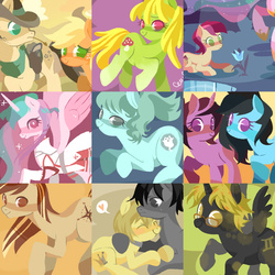 Size: 1200x1200 | Tagged: safe, artist:cenyo, applejack, princess celestia, roseluck, oc, alicorn, earth pony, pegasus, pony, g4, alicorn oc, compass, glasses, heart, hug