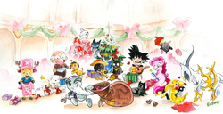 Size: 2000x1024 | Tagged: safe, artist:naschi, pinkie pie, arceus, dog, human, pikachu, g4, air tv, anime, bleach (manga), brush, candy, christmas, christmas tree, clothes, crossover, dragon ball, food, happosai, heart, how to train your dragon, kon, luna (sailor moon), mokona, one piece, panties, pichan, pokémon, present, ranma 1/2, shirt, son goku, tony tony chopper, toothless the dragon, tree, underwear