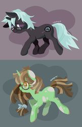 Size: 800x1237 | Tagged: safe, artist:cenyo, oc, oc only, oc:broken horn, oc:willow wisp, pony, unicorn, duo