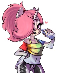 Size: 1640x2048 | Tagged: safe, artist:yukomaussi, oc, oc only, oc:atrie, anthro, belly button, clothes, freckles, midriff, solo, water bottle, yoga pants