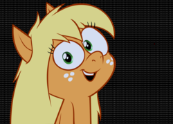 Size: 2265x1623 | Tagged: safe, artist:hotdiggedydemon, applejack, earth pony, pony, .mov, apple.mov, g4, bust, female, hatless, head tilt, jappleack, looking at you, mare, missing accessory, open mouth, portrait, smiling, solo, wallpaper