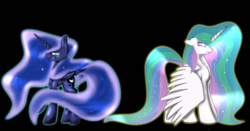 Size: 3000x1574 | Tagged: safe, artist:michyfactory, princess celestia, princess luna, pony, g4, duo, floppy ears, frown, gritted teeth, looking back, spread wings