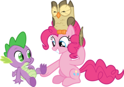 Size: 3525x2483 | Tagged: safe, artist:porygon2z, owlowiscious, pinkie pie, spike, g4, feather, high res, imminent tickles, simple background, this will end in laughs, transparent background, vector