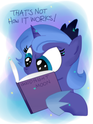 Size: 768x1024 | Tagged: safe, artist:andy price, artist:krazykari, princess luna, g4, book, female, filly, goodnight moon, reading, solo, woona