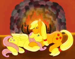 Size: 1098x855 | Tagged: safe, artist:lunafyre, applejack, fluttershy, earth pony, pegasus, pony, g4, duo, eyes closed, female, fire, fireplace, lesbian, missing accessory, resting, ship:appleshy, shipping