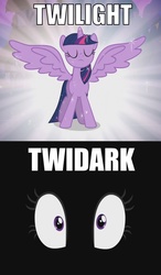 Size: 683x1168 | Tagged: safe, twilight sparkle, alicorn, pony, g4, magical mystery cure, party pooped, comparison, dark, eye, eyes, eyes closed, female, glowing eyes, i regret nothing, looking at you, mare, meme, name pun, panel, pun, spread wings, twidark sparkle, twilight sparkle (alicorn), wide eyes