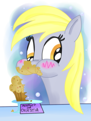 Size: 600x800 | Tagged: safe, artist:andypriceart, artist:krazykari, derpy hooves, princess celestia, pegasus, pony, g4, female, food, i regret nothing, mare, muffin, solo, that pony sure does love muffins, this will end in tears and/or a journey to the moon