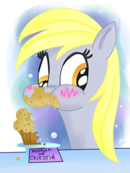 Size: 600x800 | Tagged: safe, artist:andy price, artist:krazykari, derpy hooves, princess celestia, pegasus, pony, g4, female, food, i regret nothing, mare, muffin, solo, that pony sure does love muffins, this will end in tears and/or a journey to the moon