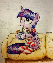 Size: 2252x2680 | Tagged: safe, artist:helmie-art, twilight sparkle, alicorn, pony, g4, clothes, couch, female, high res, mare, missing cutie mark, mulled wine, scarf, socks, solo, striped socks, traditional art, twilight sparkle (alicorn)