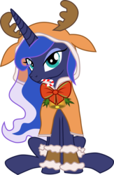 Size: 3584x5512 | Tagged: safe, artist:lunarina, princess luna, pony, g4, absurd resolution, candy, candy cane, cape, clothes, female, food, looking at you, mouth hold, reindeer antlers, simple background, sitting, solo, transparent background, vector