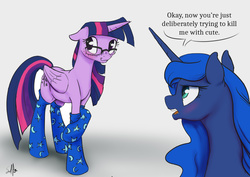 Size: 1280x905 | Tagged: safe, artist:silfoe, princess luna, twilight sparkle, alicorn, pony, g4, blushing, clothes, cute, dialogue, female, freckles, glasses, looking away, mare, silfoe is trying to murder us, simple background, socks, twiabetes, twilight sparkle (alicorn)