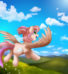 Size: 860x930 | Tagged: safe, artist:pridark, oc, oc only, oc:sweet skies, cloud, field, flower, flying, solo, spread wings