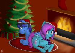 Size: 1600x1131 | Tagged: safe, artist:renniksarts, oc, oc only, oc:comet cosmo, oc:silent waters, pegasus, pony, bauble, christmas, christmas tree, clothes, cute, femboy, fire, fireplace, goggles, male, present, rug, scarf, stockings, trap, tree