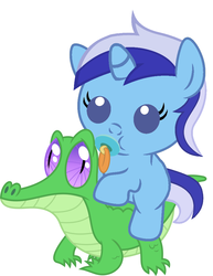 Size: 786x1017 | Tagged: safe, artist:red4567, gummy, minuette, pony, g4, baby, baby minuette, baby pony, cute, minubetes, pacifier, ponies riding gators, recolor, riding, weapons-grade cute, younger