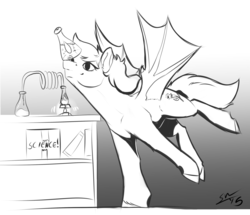 Size: 2982x2562 | Tagged: safe, artist:blindcoyote, oc, oc only, oc:daturea eventide, bat pony, pony, balancing, beaker, flask, high res, monochrome, ponies balancing stuff on their nose, science, solo
