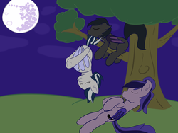 Size: 3200x2400 | Tagged: safe, artist:eyeburn, oc, oc only, oc:daturea eventide, oc:inky, oc:nightshade, bat pony, pony, hanging, high res, mare in the moon, moon, prehensile tail, sleeping, tree