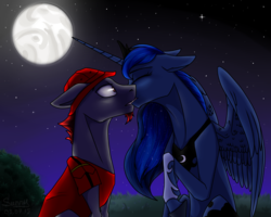 Size: 1600x1277 | Tagged: safe, artist:sunny way, princess luna, oc, oc:hyper active, rcf community, g4, beard, bush, canon x oc, clothes, crown, hat, height difference, jewelry, kissing, moon, night, peytral, regalia, shipping, stars, sternocleidomastoid, surprise kiss, vest, wide eyes